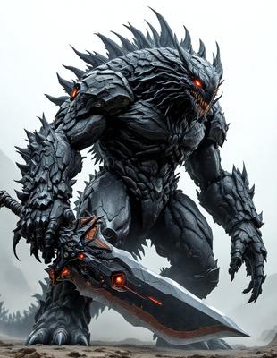 The primary subject of the image is a large, monstrous creature with a spiky, rock-like appearance. It is holding a massive sword in its hand, and its face is adorned with a menacing expression. The creature appears to be a demon or a mythical creature, and its presence creates a sense of danger and fear.

The setting of the image is a dark, foggy environment, which adds to the ominous atmosphere. The visual style of the image is digital art, as it is a detailed and intricate illustration of the monster and its weapon. The dominant colors in the image are dark shades, such as black, gray, and brown, which contribute to the overall mood of the scene.